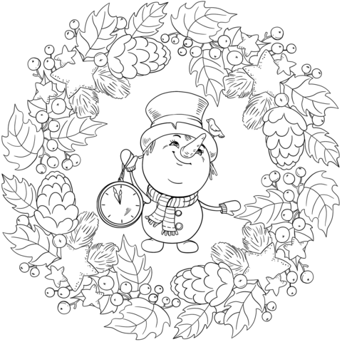 New Year Mandala With A Snowman Holding A Clock Coloring Page